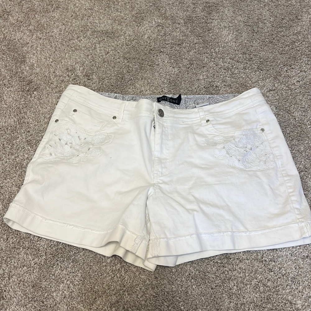White Denim Shorts with Lace Detail